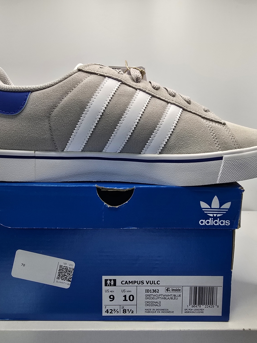 adidas Campus Vulc Light Gray and White Low-Top Sneaker with Blue Heel - Picture 2 of 6